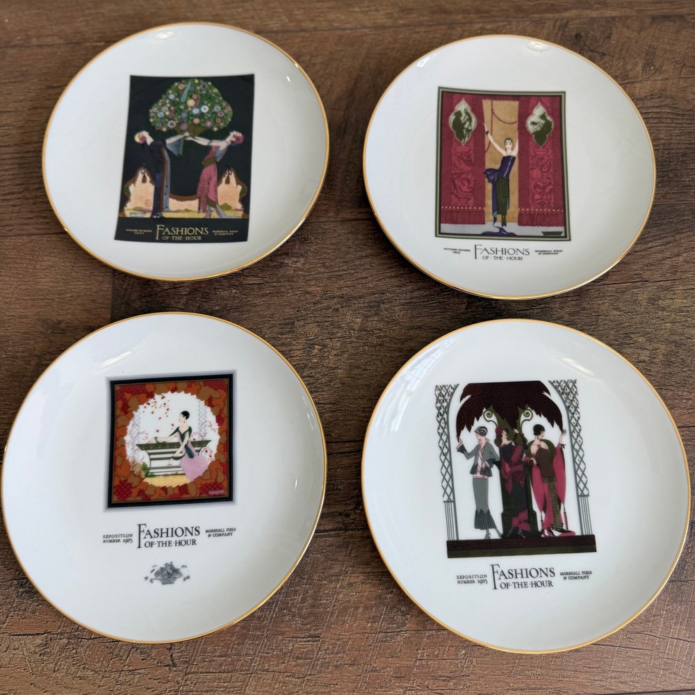 Marshall Field & Co Decorative Plates Set 4 White Gold Art Deco Fashions